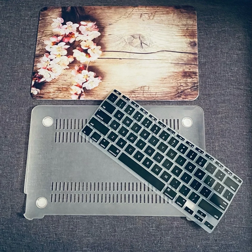 Apple MacBook Air with Charger & Cherry Blossom Wood Case & keyboard cover
